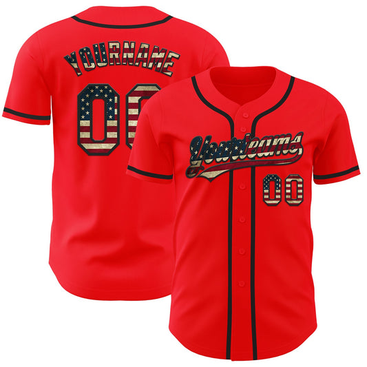 Custom Fire Red Vintage USA Flag-Black Authentic Baseball Jersey - Main View