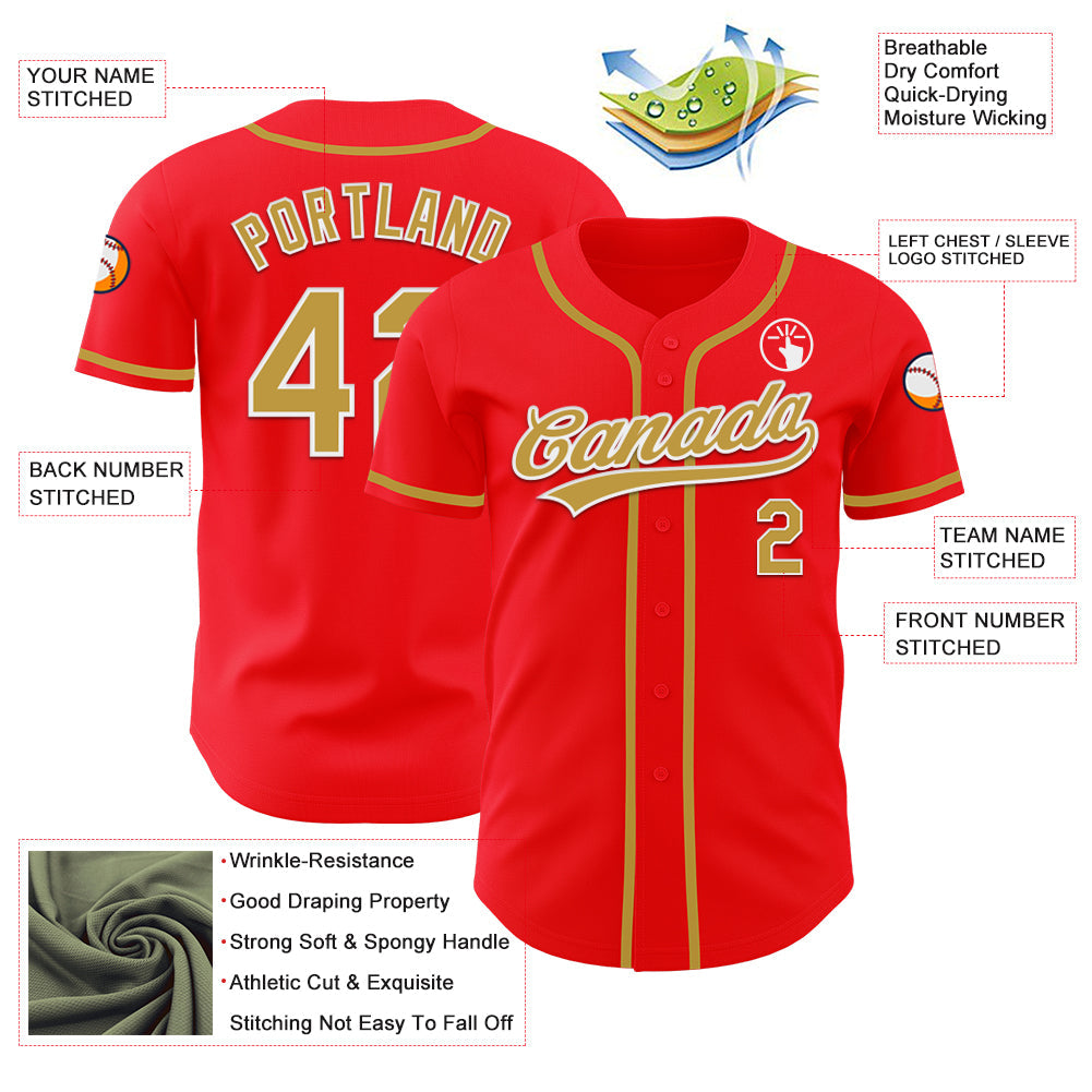 Custom Fire Red Old Gold-White Authentic Baseball Jersey view 3