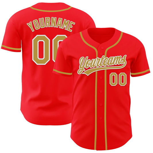 Custom Fire Red Old Gold-White Authentic Baseball Jersey - Main View