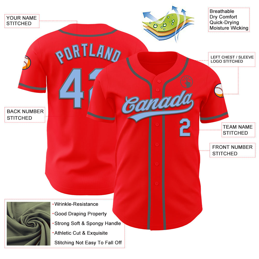Custom Fire Red Light Blue-Steel Gray Authentic Baseball Jersey view 3