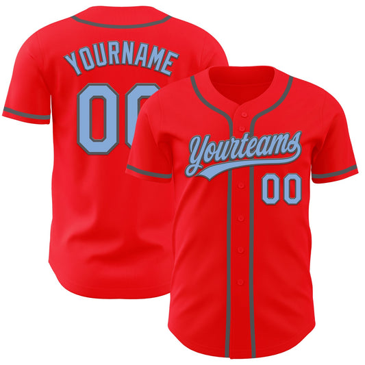 Custom Fire Red Light Blue-Steel Gray Authentic Baseball Jersey - Main View