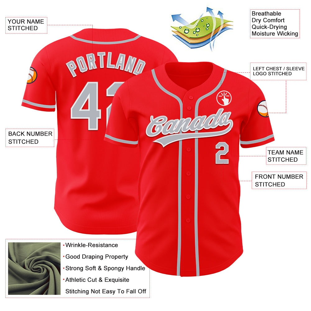 Custom Fire Red Gray-White Authentic Baseball Jersey view 3