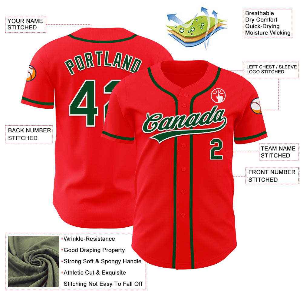 Custom Fire Red Green-White Authentic Baseball Jersey view 3