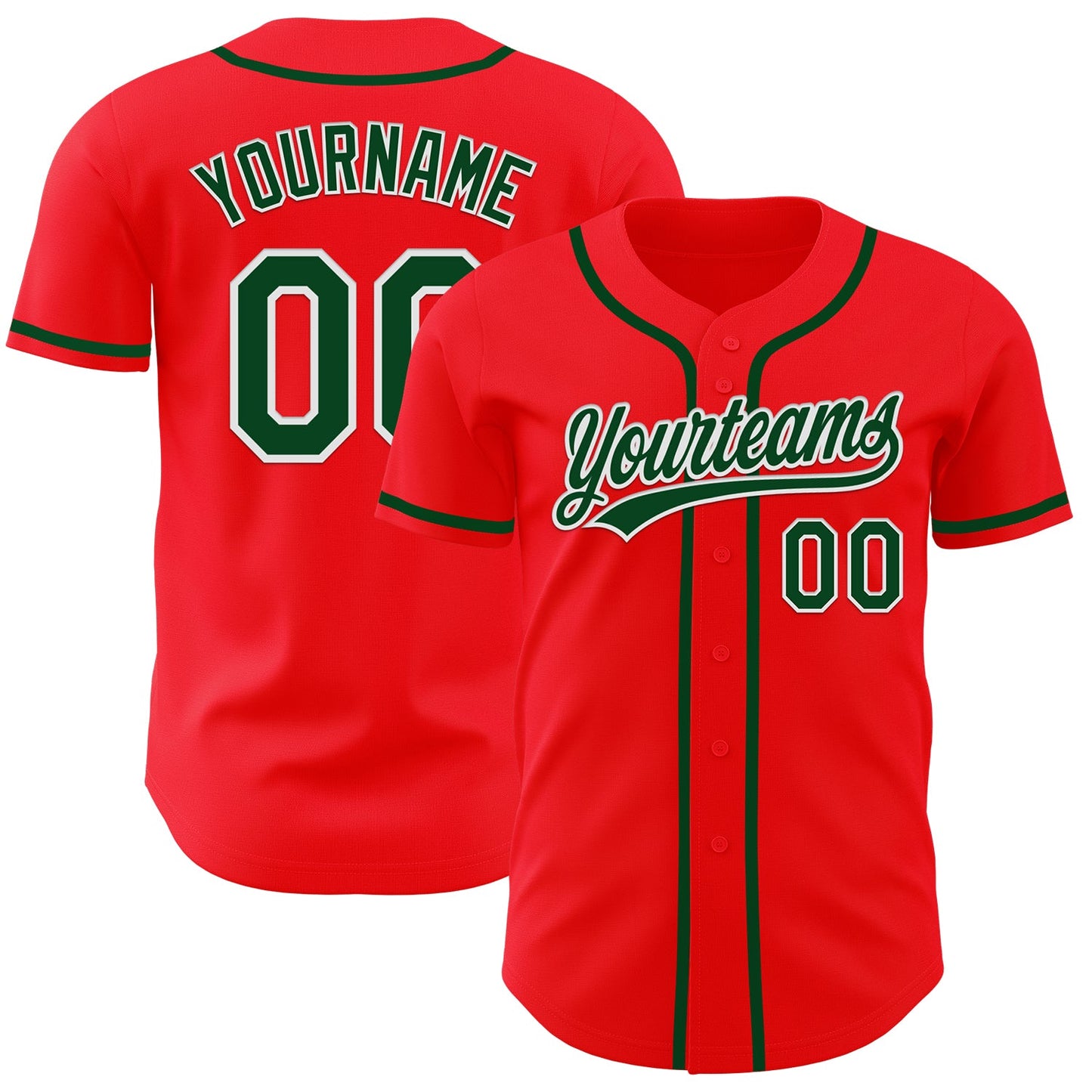Custom Fire Red Green-White Authentic Baseball Jersey - Main View