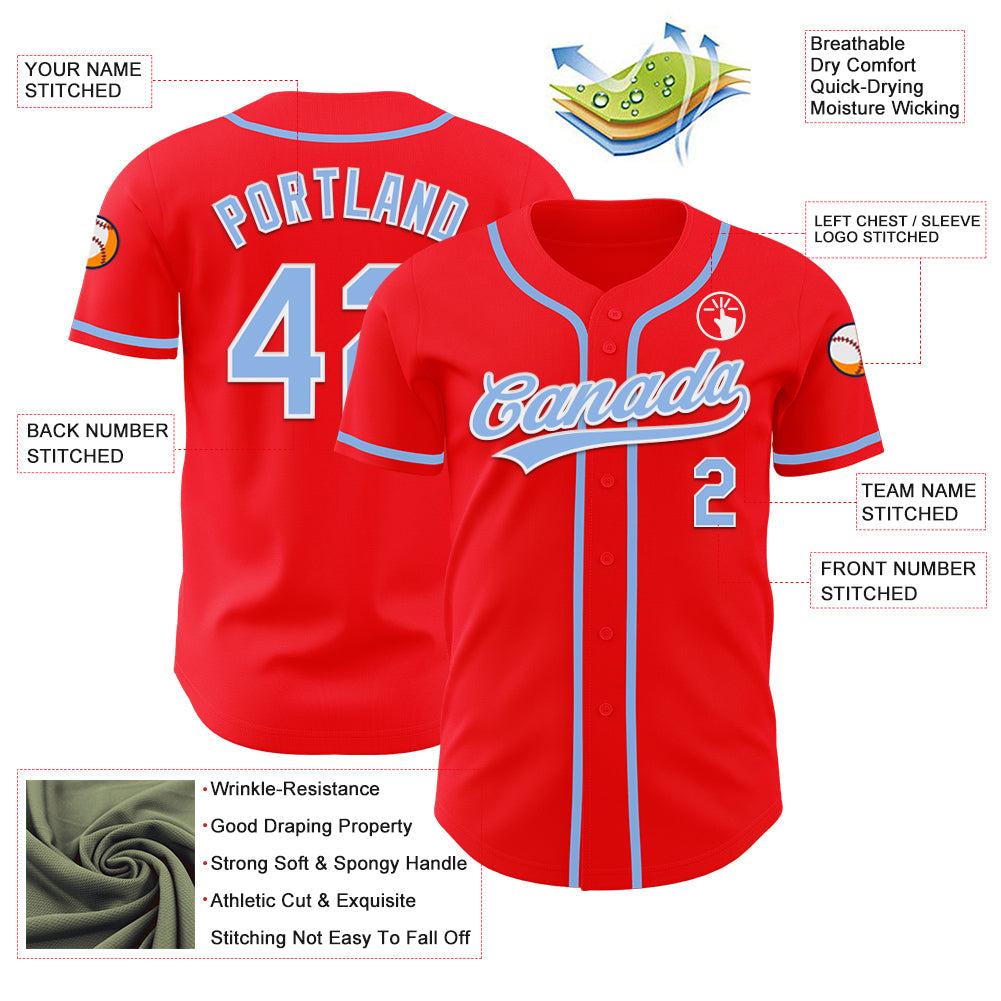 Custom Fire Red Light Blue-White Authentic Baseball Jersey view 3