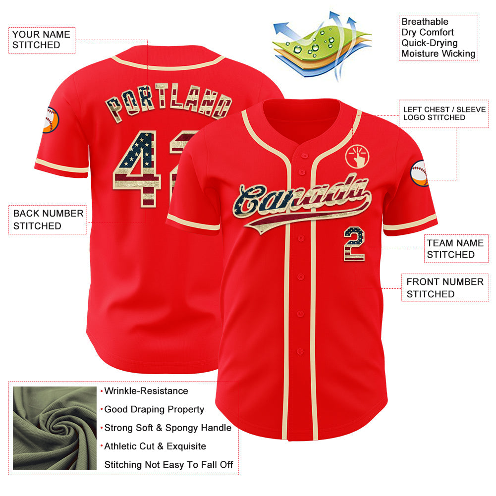 Custom Fire Red Vintage USA Flag-Cream Authentic Baseball Jersey view 3