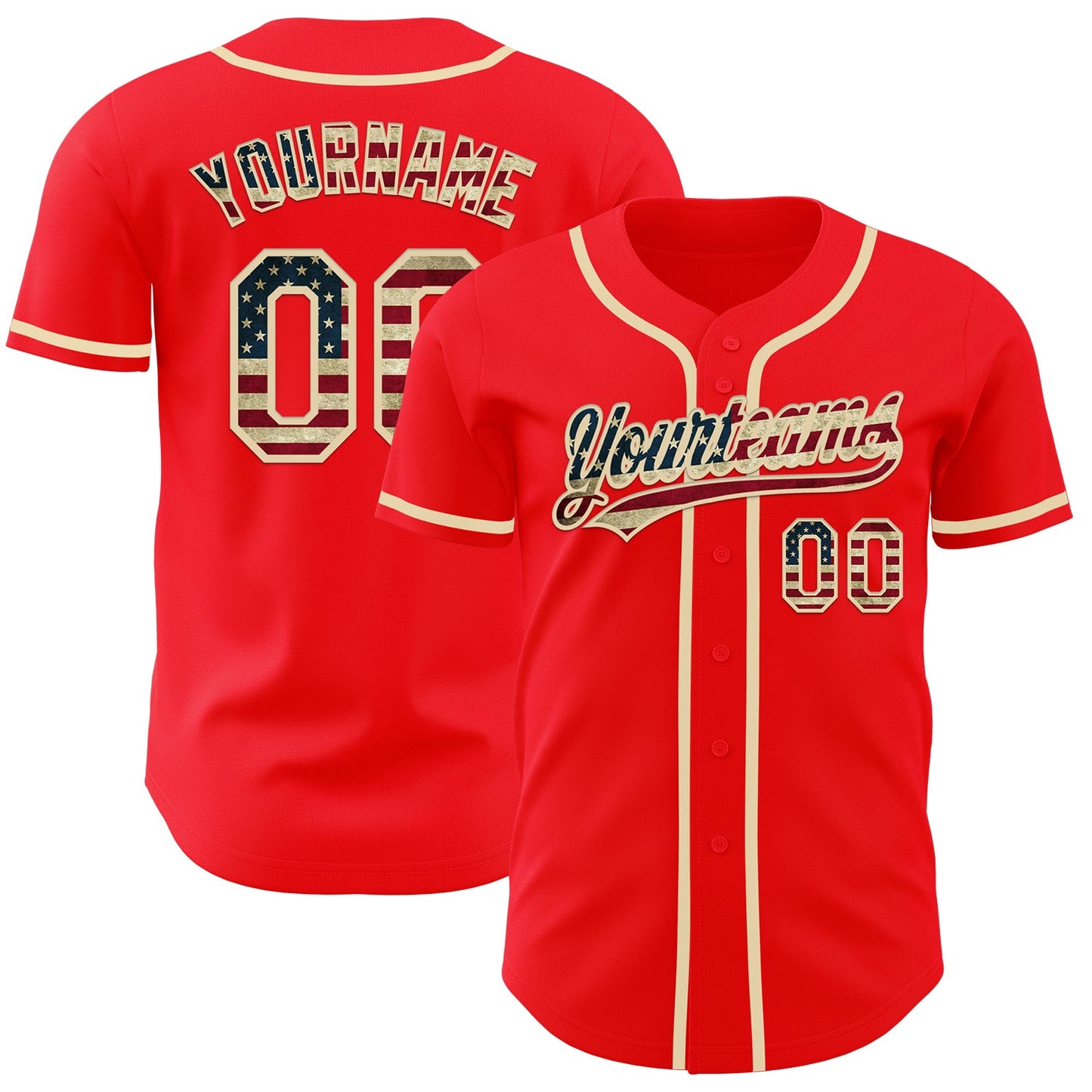 Custom Fire Red Vintage USA Flag-Cream Authentic Baseball Jersey - Main View