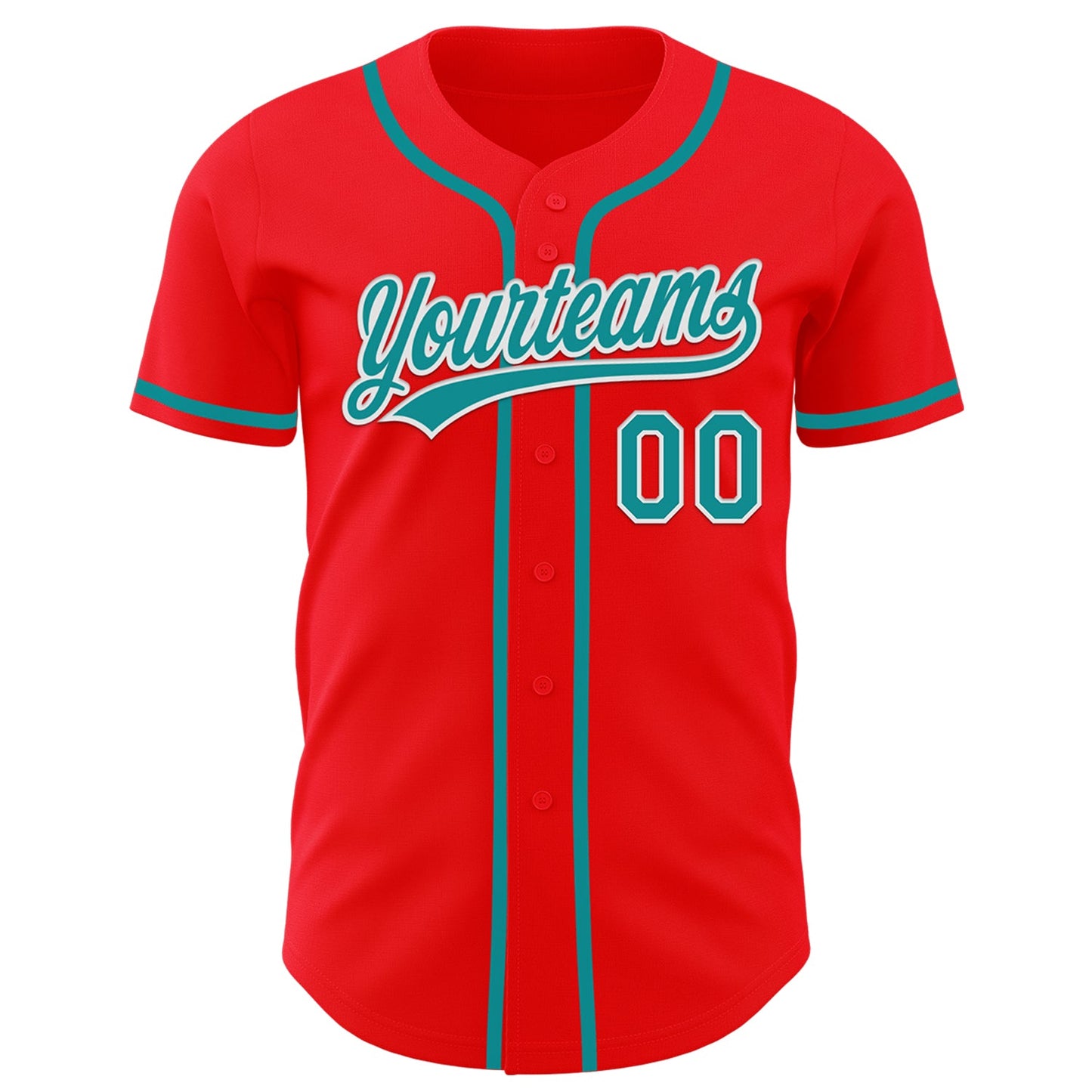 Custom Fire Red Teal-White Authentic Baseball Jersey view 2