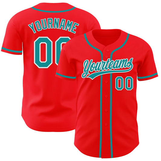 Custom Fire Red Teal-White Authentic Baseball Jersey - Main View