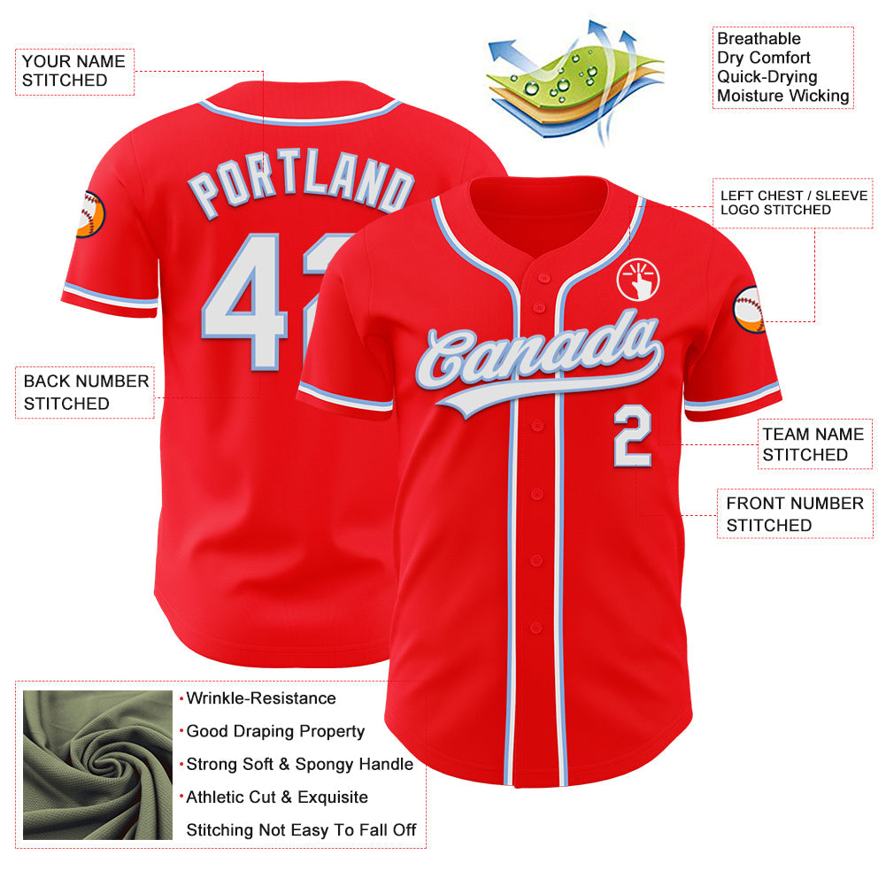 Custom Fire Red White-Light Blue Authentic Baseball Jersey view 3