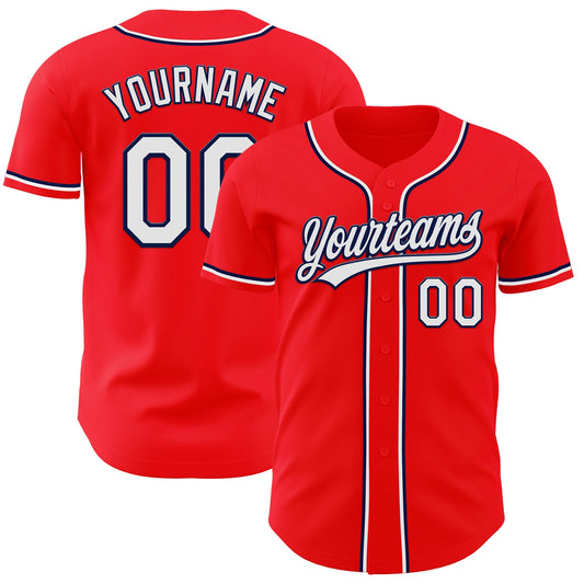 Custom Fire Red White-Navy Authentic Baseball Jersey - Main View