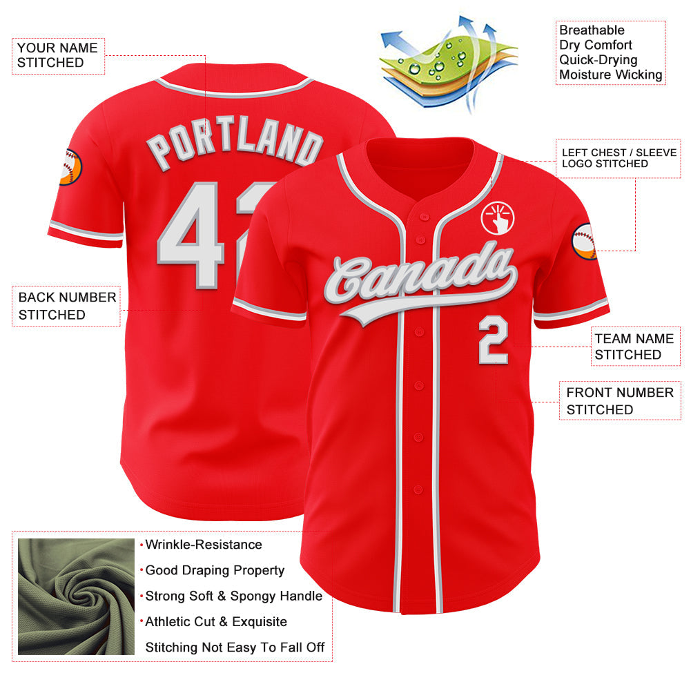 Custom Fire Red White-Gray Authentic Baseball Jersey view 3