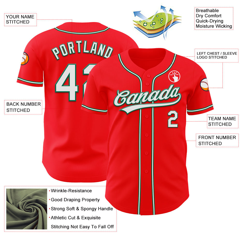 Custom Fire Red White-Kelly Green Authentic Baseball Jersey view 3