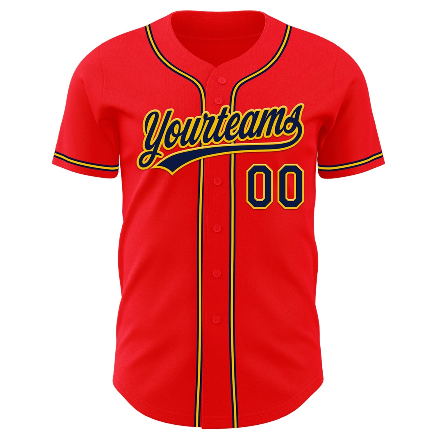 Custom Fire Red Navy-Yellow Authentic Baseball Jersey view 2