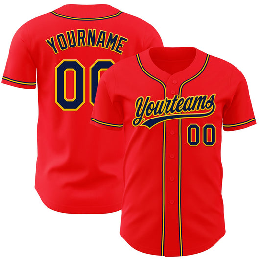 Custom Fire Red Navy-Yellow Authentic Baseball Jersey - Main View