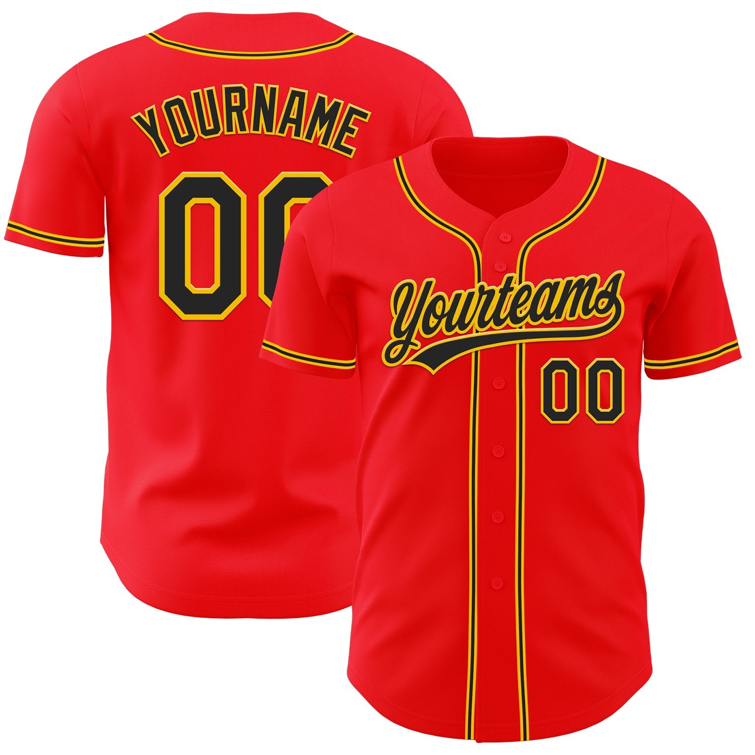 Custom Fire Red Black-Yellow Authentic Baseball Jersey - Main View