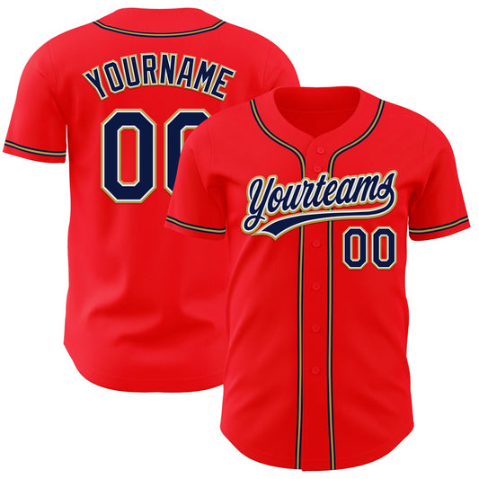 Custom Fire Red Navy-Old Gold Authentic Baseball Jersey - Main View