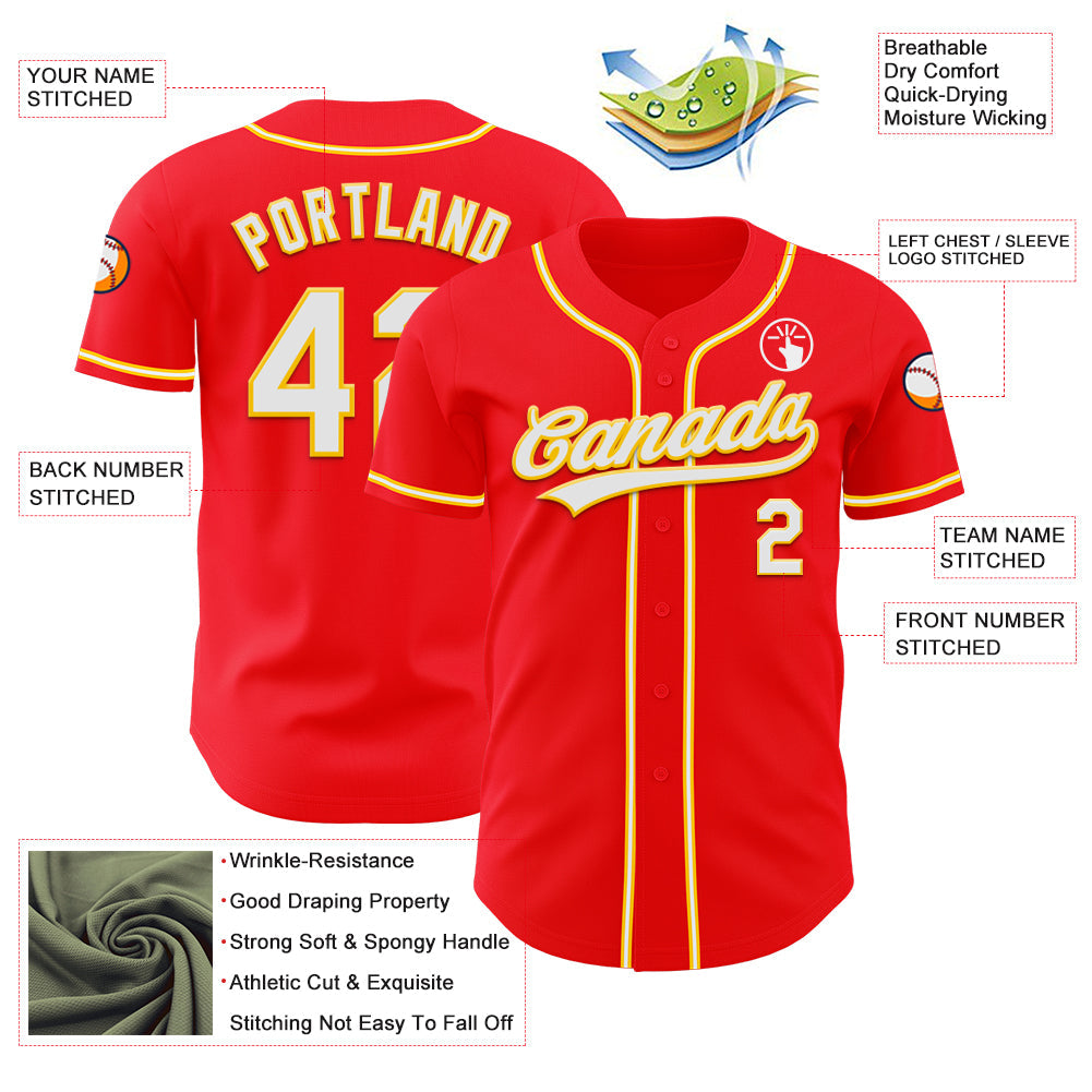 Custom Fire Red White-Yellow Authentic Baseball Jersey view 3
