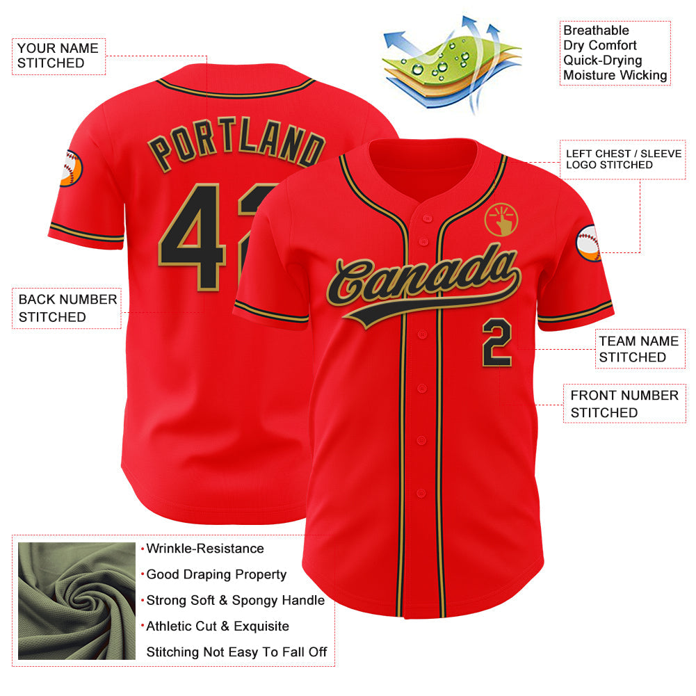 Custom Fire Red Black-Old Gold Authentic Baseball Jersey view 3