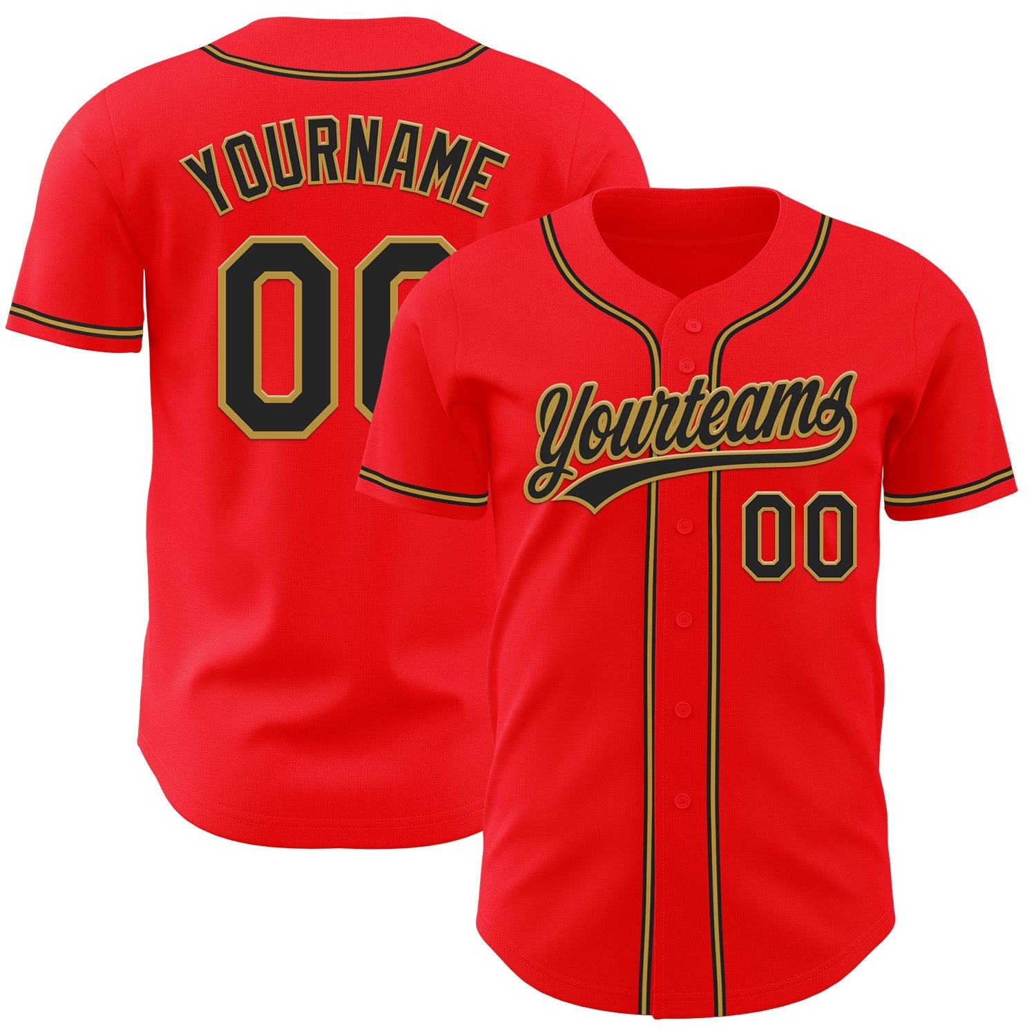 Custom Fire Red Black-Old Gold Authentic Baseball Jersey - Main View