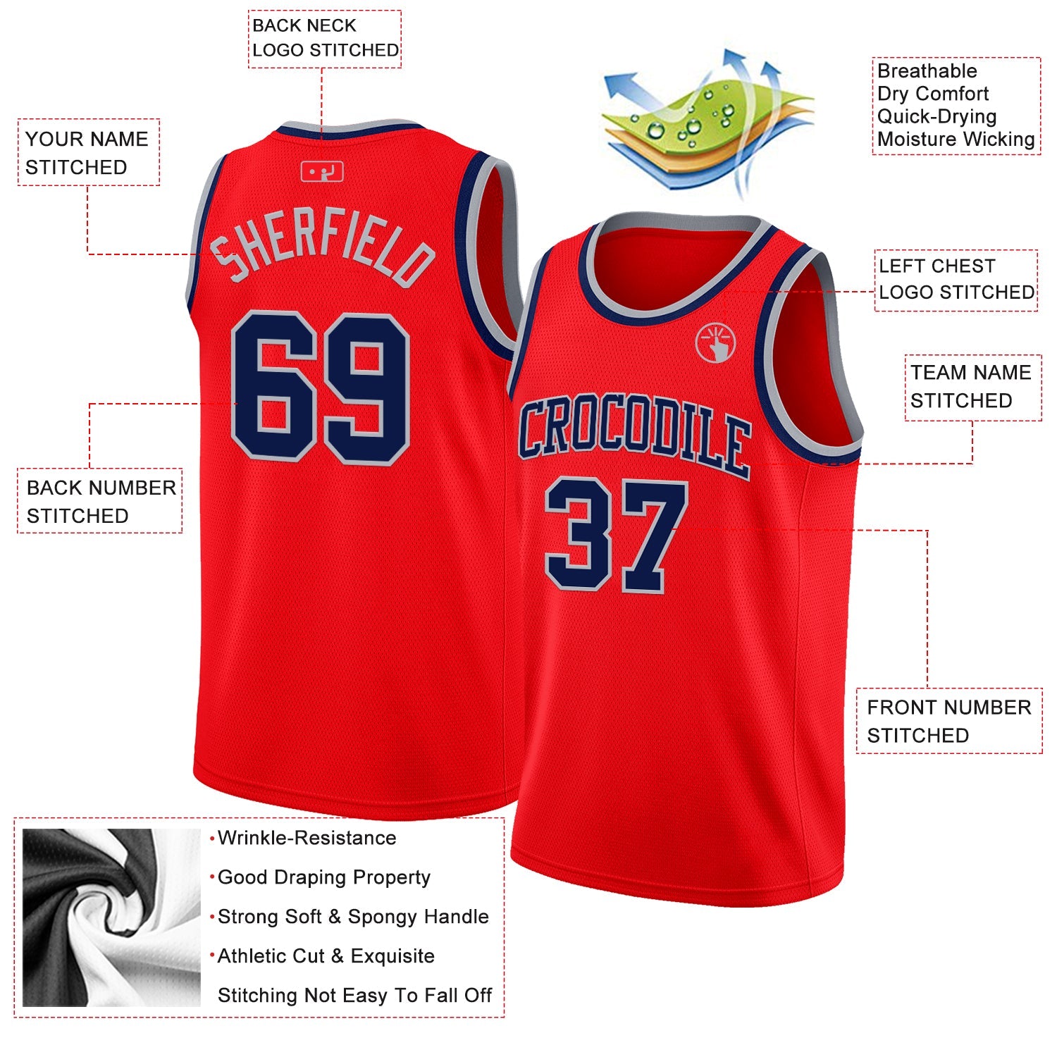 Custom Fire Red Navy-Gray Authentic Basketball Jersey view 2