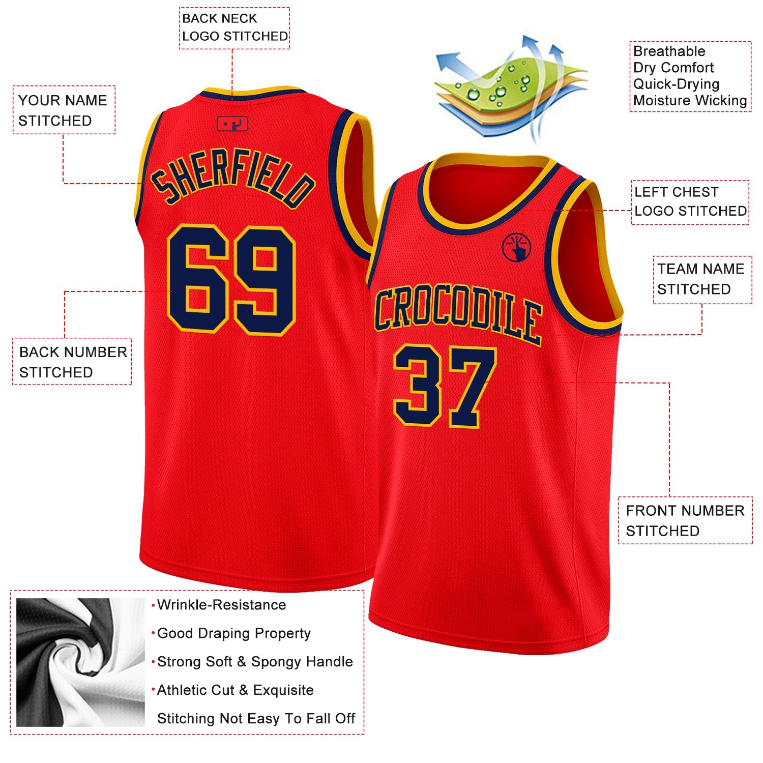 Custom Fire Red Navy-Gold Authentic Basketball Jersey view 2