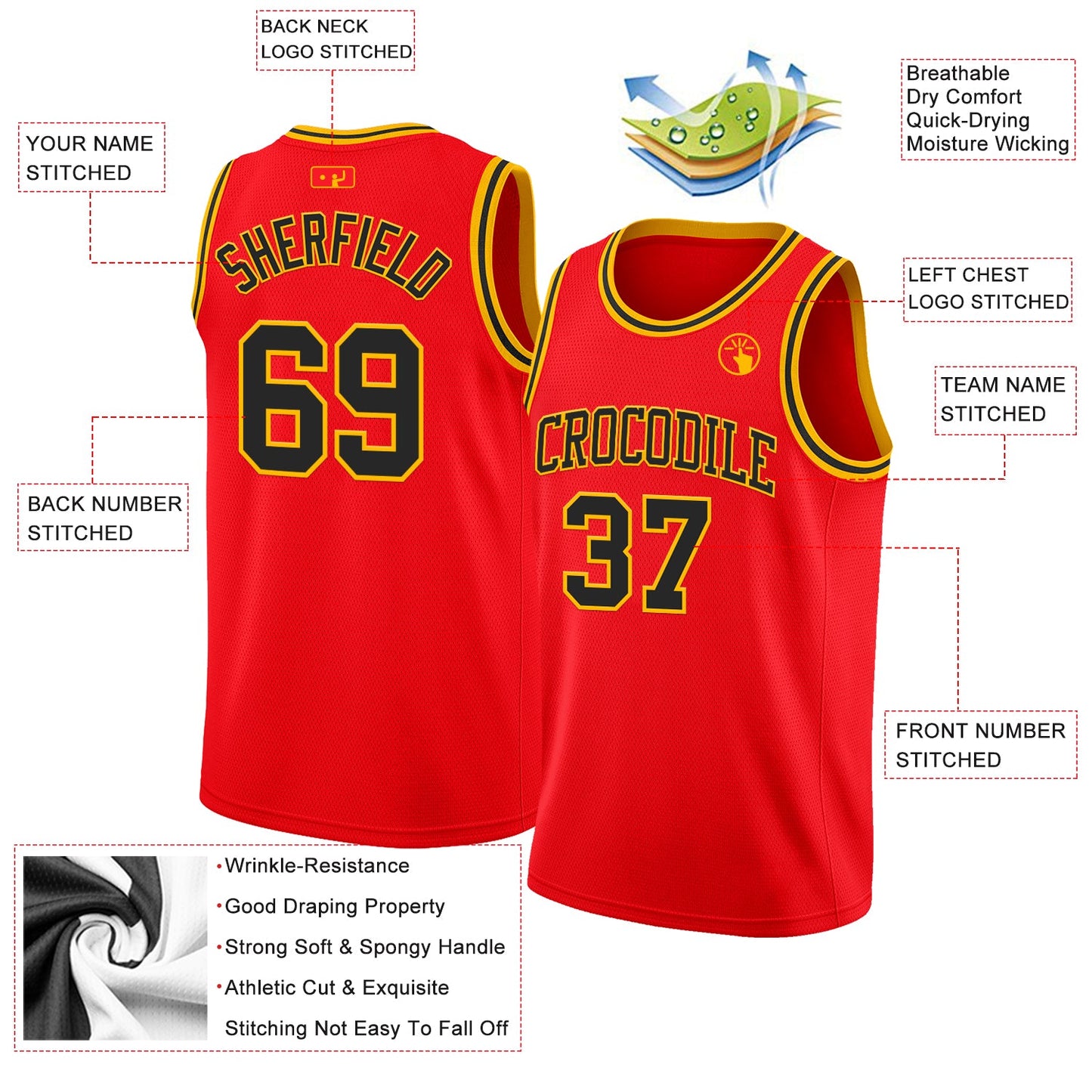 Custom Fire Red Black-Gold Authentic Basketball Jersey view 2