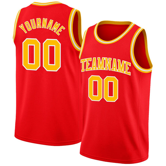Custom Fire Red Gold-White Authentic Basketball Jersey - Main View