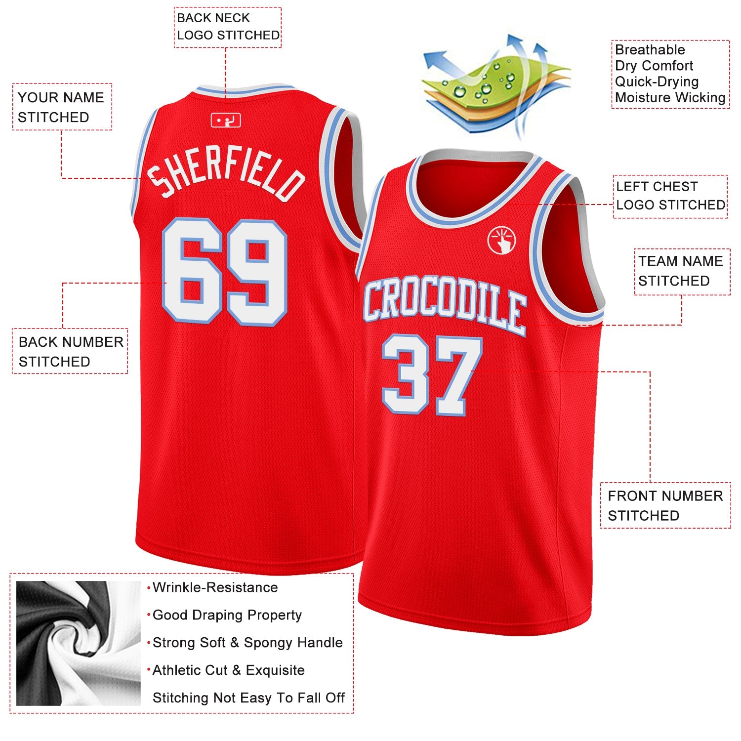 Custom Fire Red White-Light Blue Authentic Basketball Jersey view 2