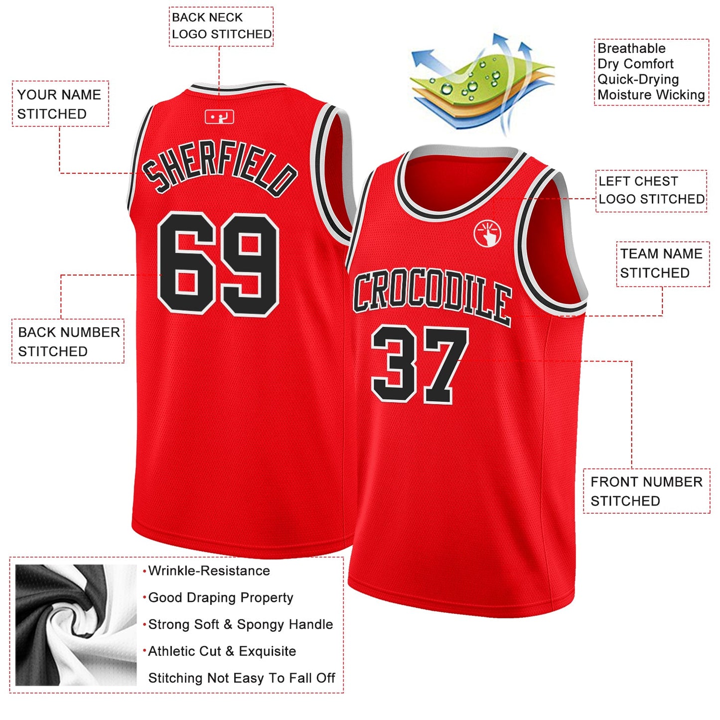 Custom Fire Red Black-White Authentic Basketball Jersey view 2