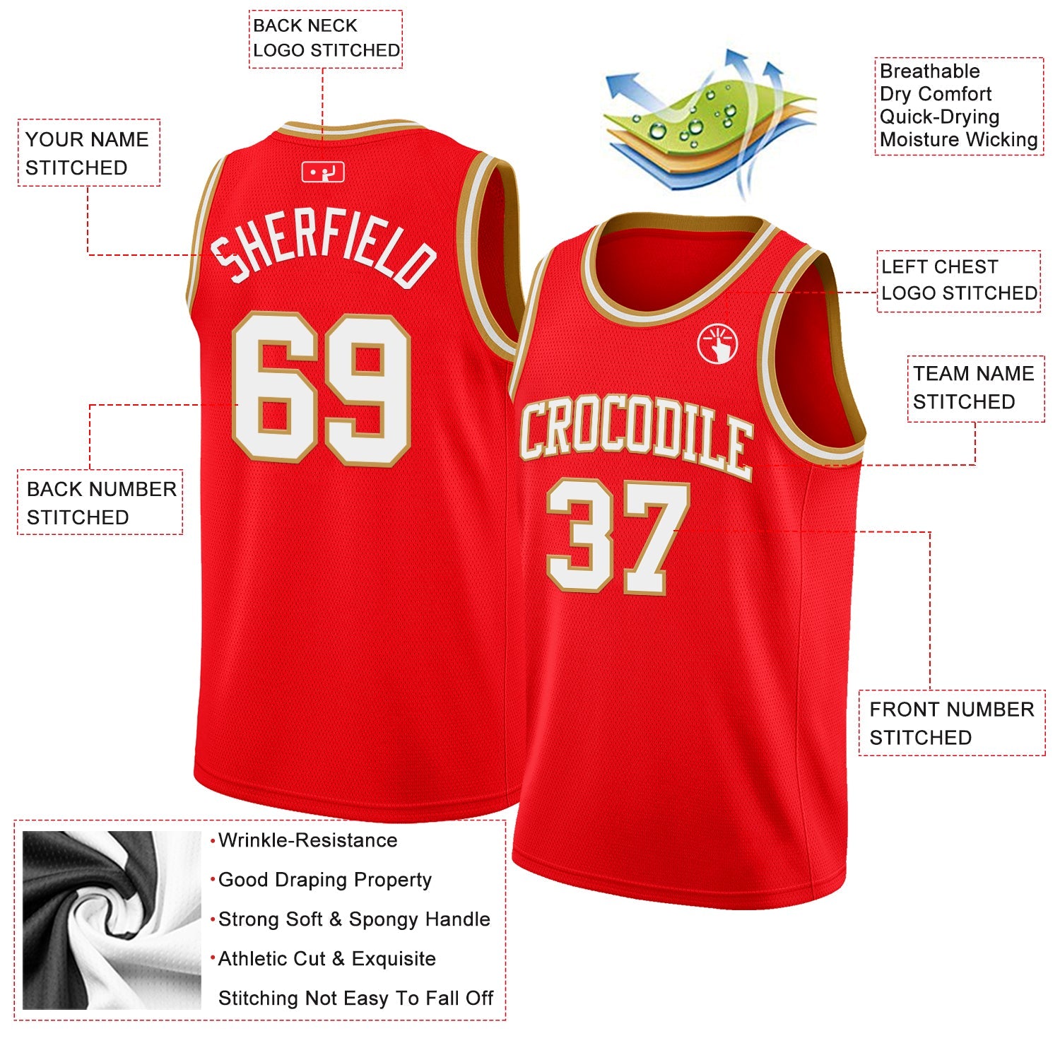 Custom Fire Red White-Old Gold Authentic Basketball Jersey view 2