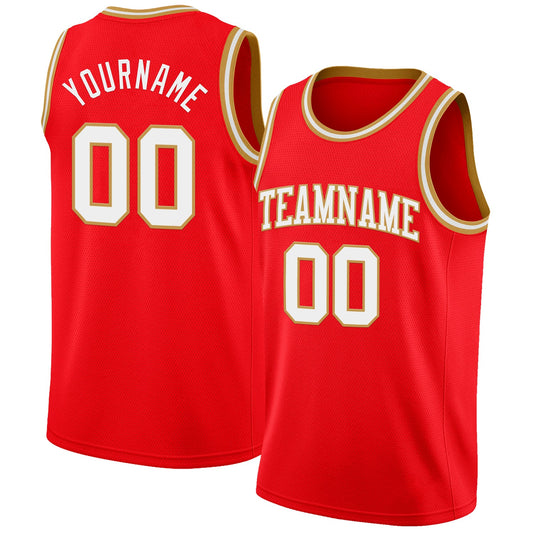 Custom Fire Red White-Old Gold Authentic Basketball Jersey - Main View