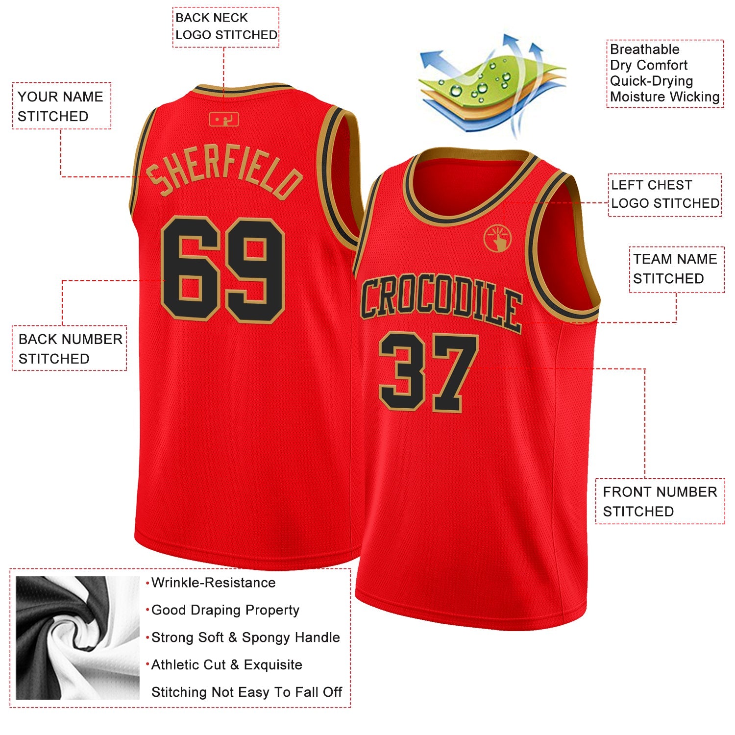 Custom Fire Red Black-Old Gold Authentic Basketball Jersey view 2