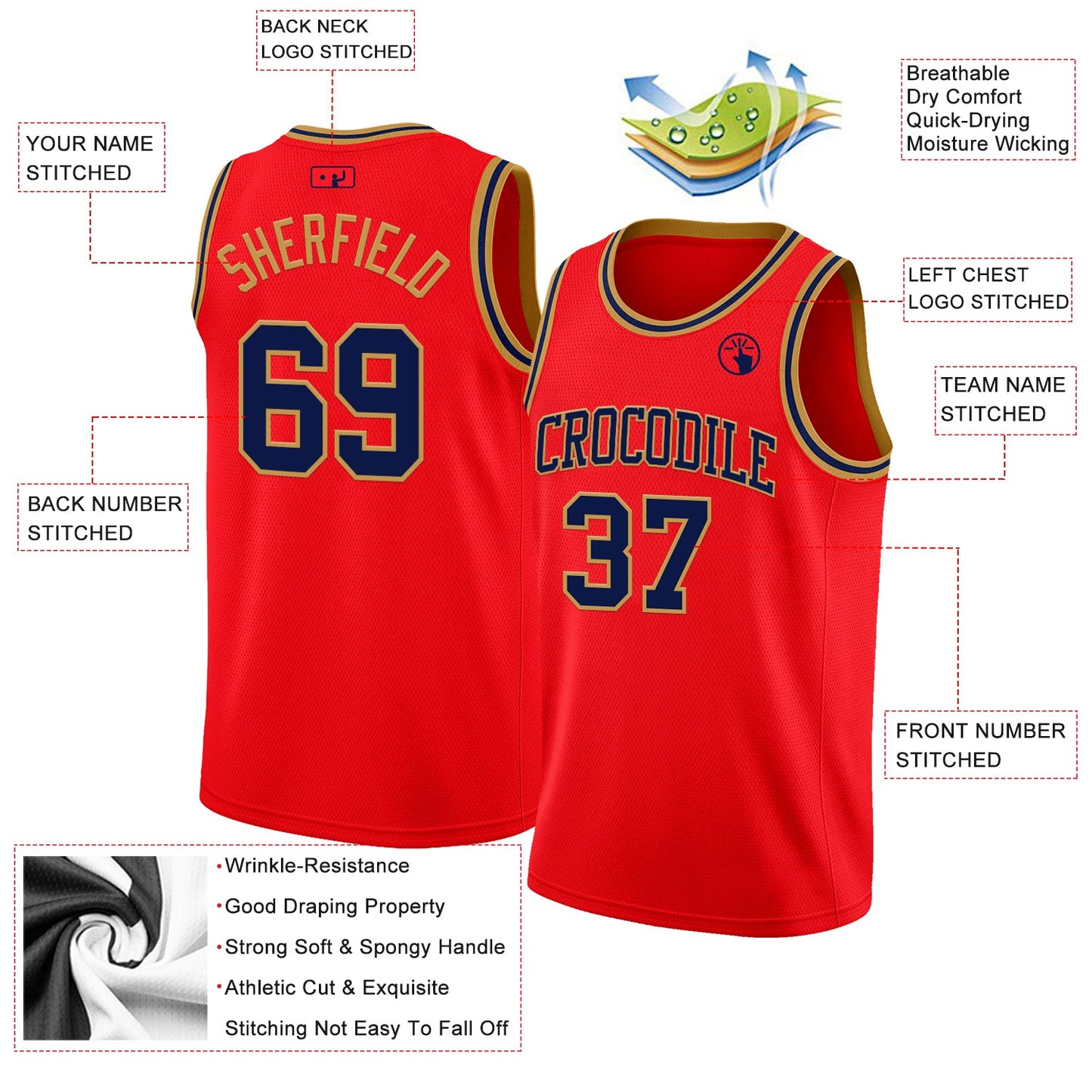 Custom Fire Red Navy-Old Gold Authentic Basketball Jersey view 2