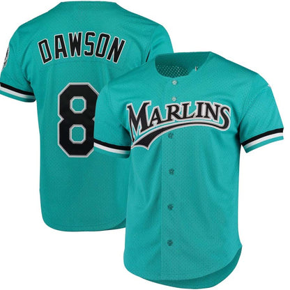 Florida Marlins #8 Andre Dawson Mitchell & Ness Cooperstown Collection Mesh Batting Practice Button-Up Jersey - Teal Stitched Baseball Jersey - Main View
