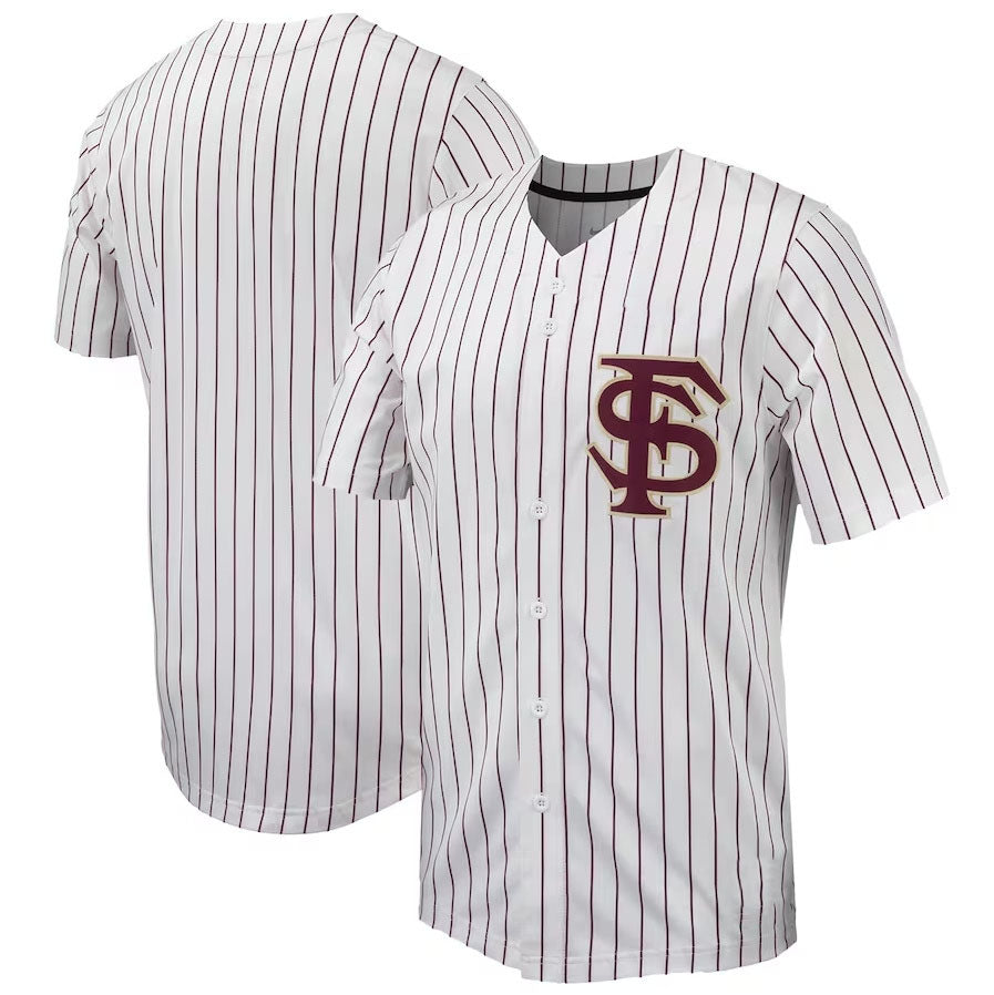 F.State Seminoles Pinstripe Replica Full-Button Baseball Jersey - White Garnet American College Jerseys - Main View