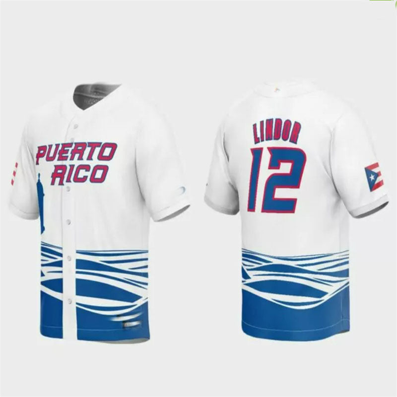 #12 Francisco Lindor Puerto Rico Baseball 2023 World Baseball Classic Replica Jersey ¨C White Stitches Baseball Jerseys - Main View