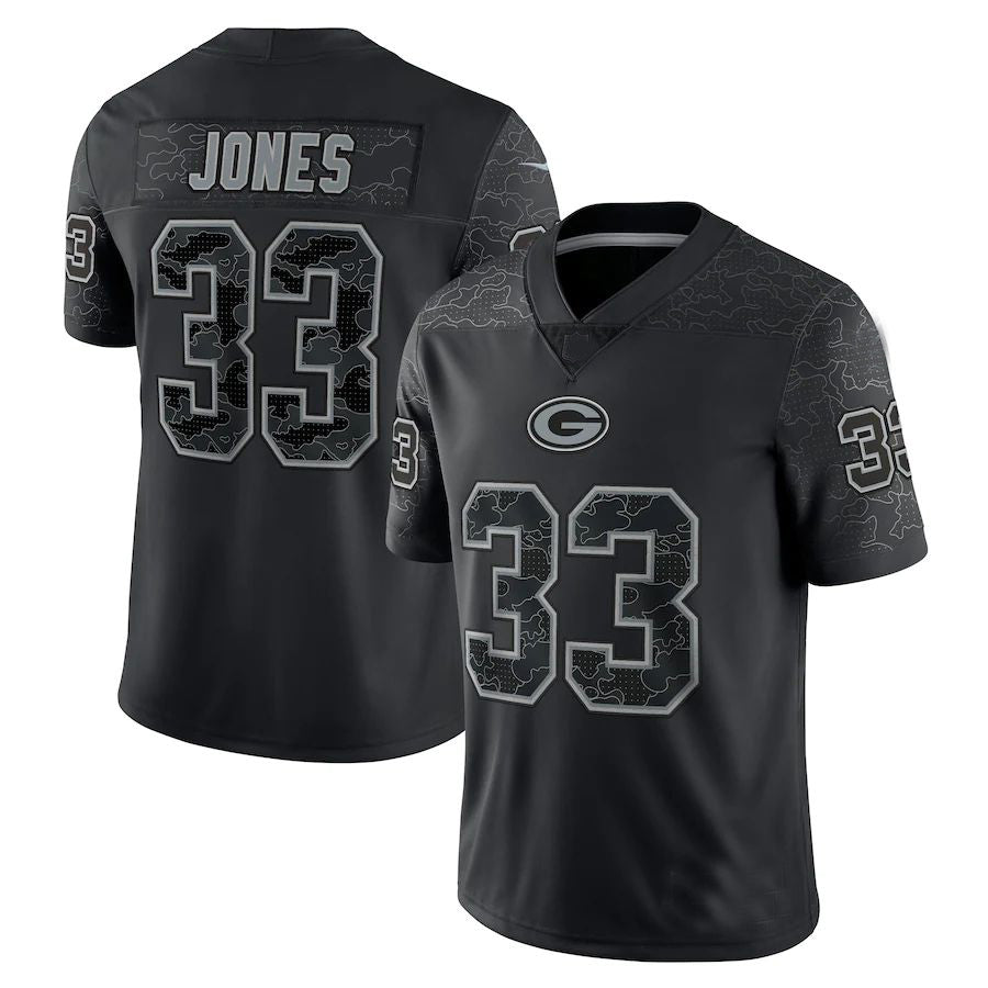 GB.Packers #33 Aaron Jones Black RFLCTV Limited Jersey Stitched American Football Jerseys - Main View