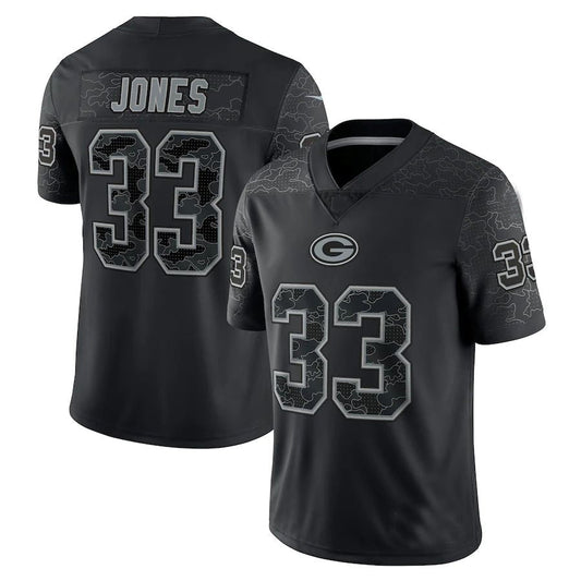 GB.Packers #33 Aaron Jones Black RFLCTV Limited Jersey Stitched American Football Jerseys - Main View