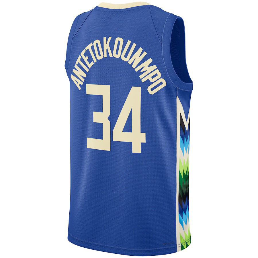 M.Bucks #34 Giannis Antetokounmpo Unisex 2022-23 Swingman Jersey City Edition Royal Stitched American Basketball Jersey - Main View