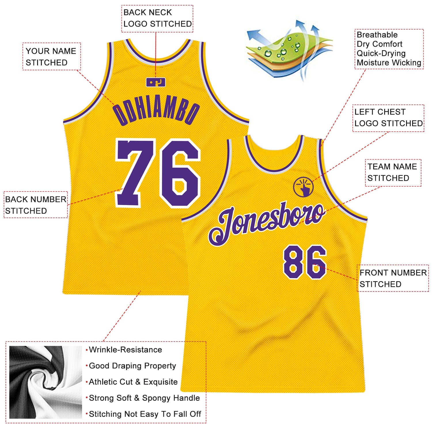 Custom Gold Purple-White Authentic Throwback Basketball Jersey view 2