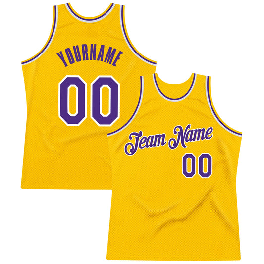 Custom Gold Purple-White Authentic Throwback Basketball Jersey - Main View