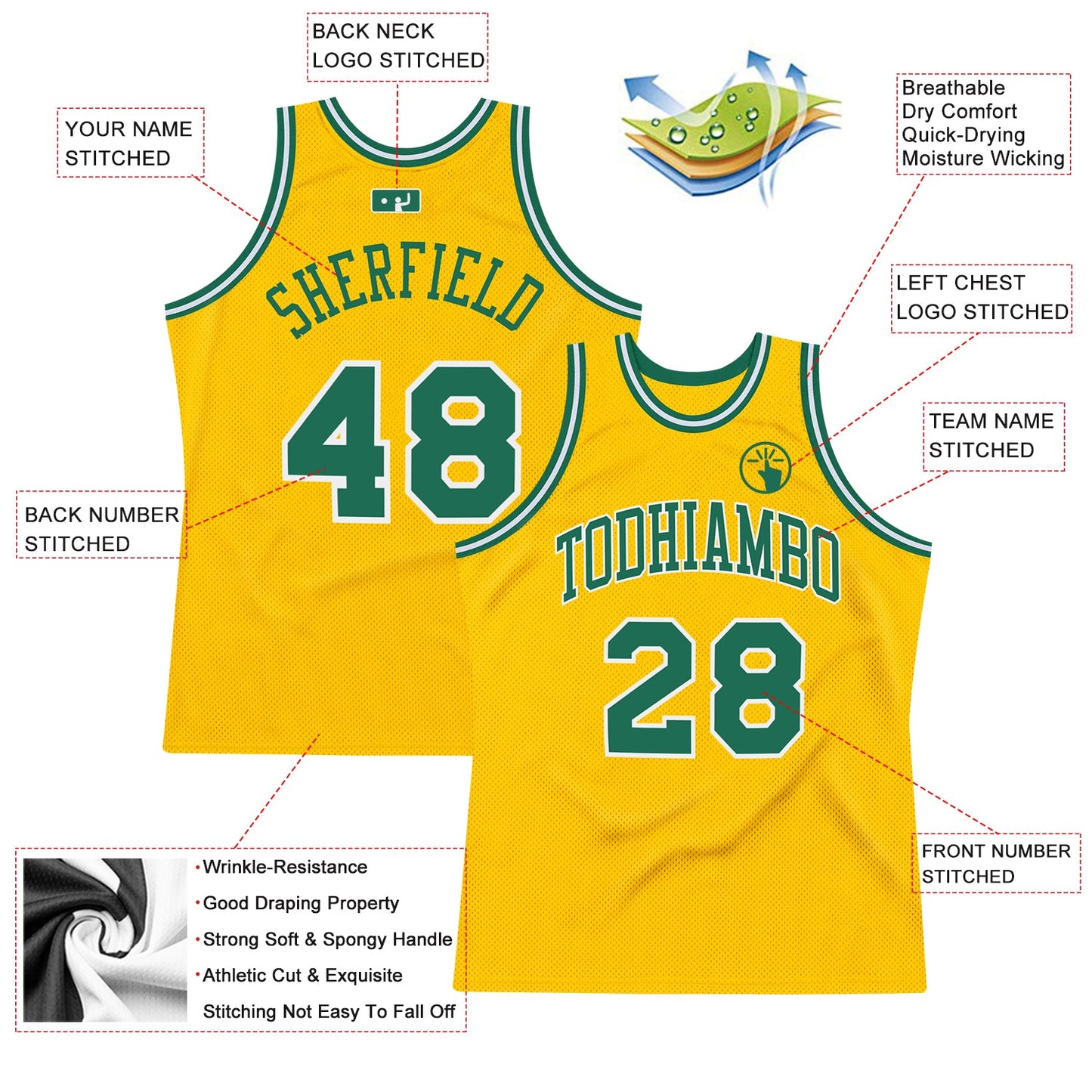 Custom Gold Kelly Green-White Authentic Throwback Basketball Jersey view 2