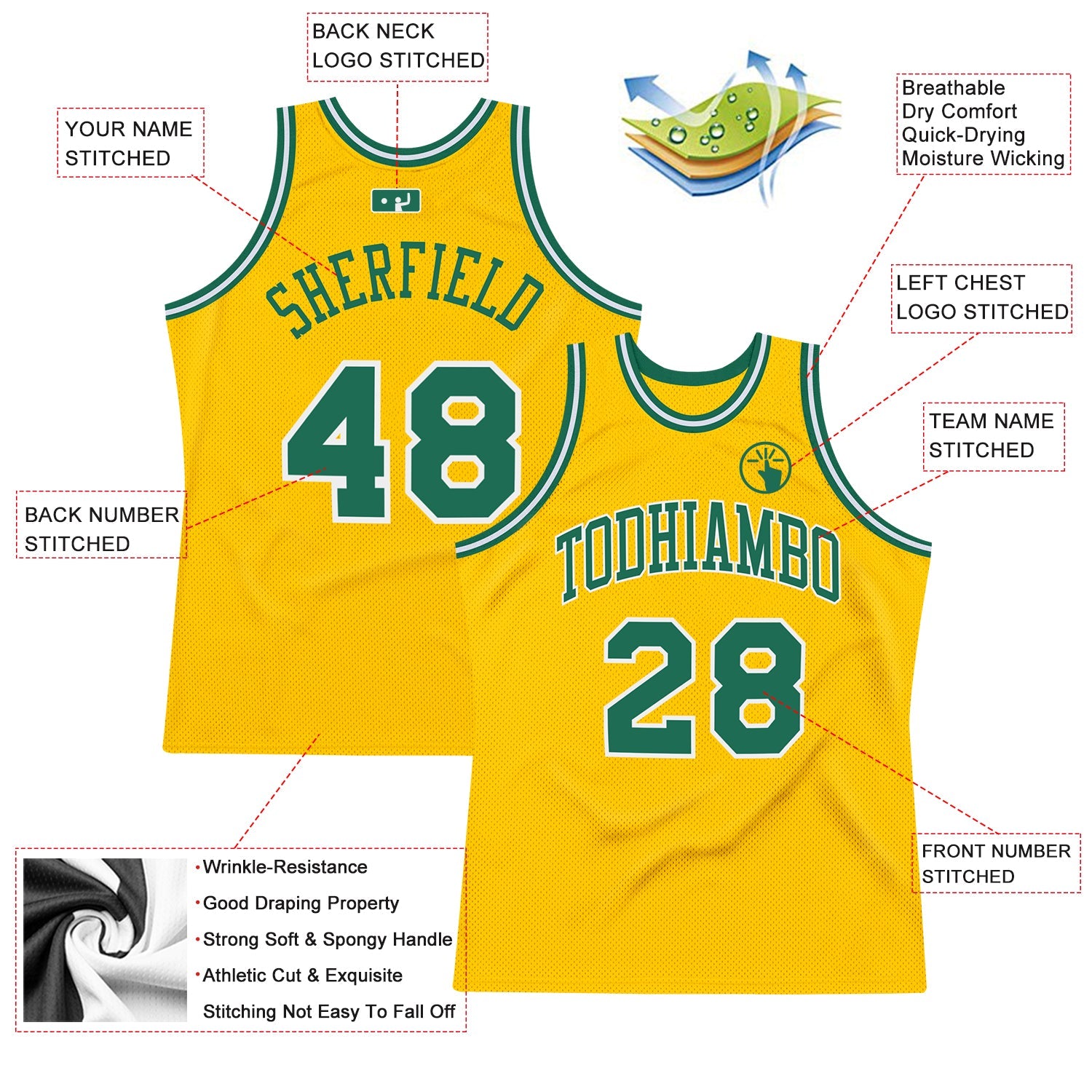 Custom Gold Kelly Green-White Authentic Throwback Basketball Jersey view 2