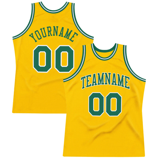 Custom Gold Kelly Green-White Authentic Throwback Basketball Jersey - Main View