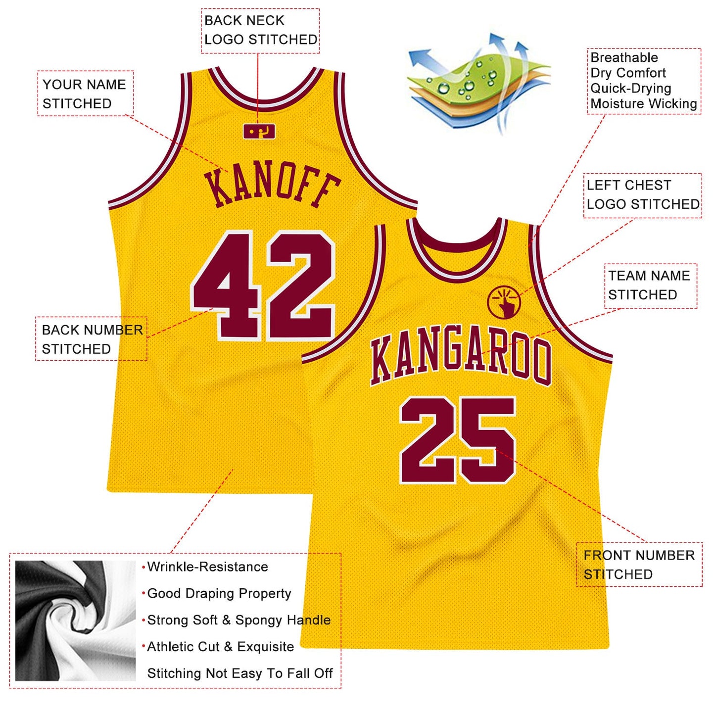 Custom Gold Maroon-White Authentic Throwback Basketball Jersey view 2