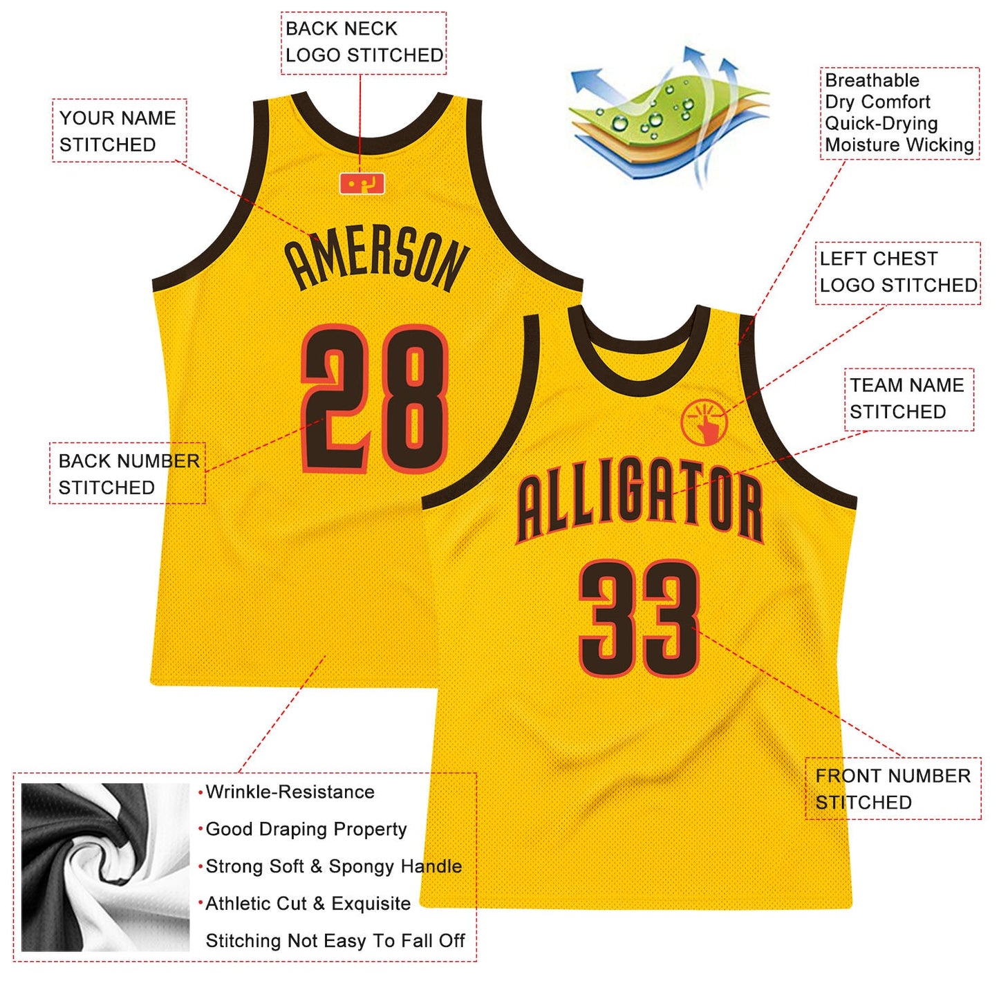 Custom Gold Brown-Orange Authentic Throwback Basketball Jersey view 2