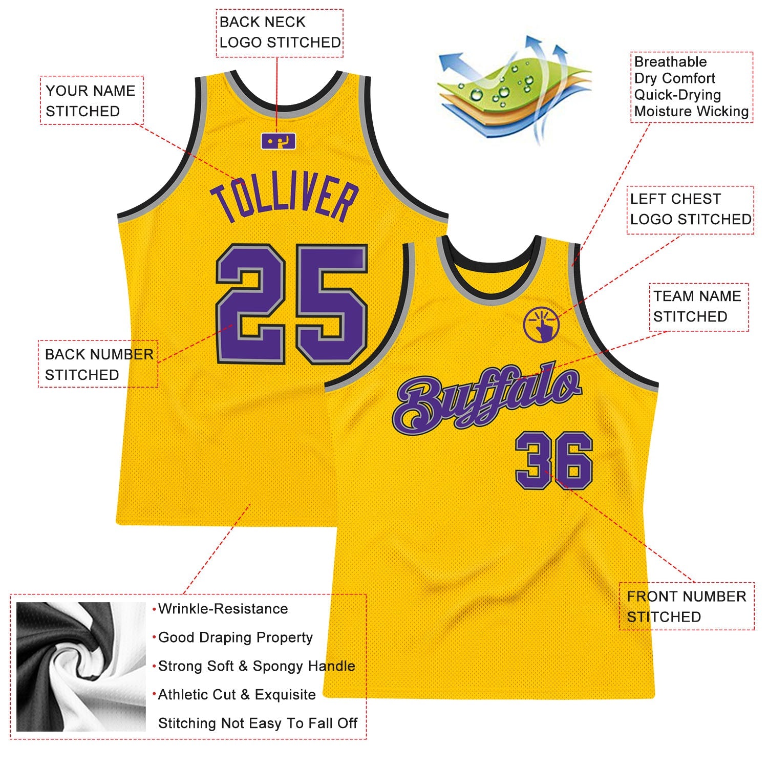 Custom Gold Purple-Gray Authentic Throwback Basketball Jersey view 2