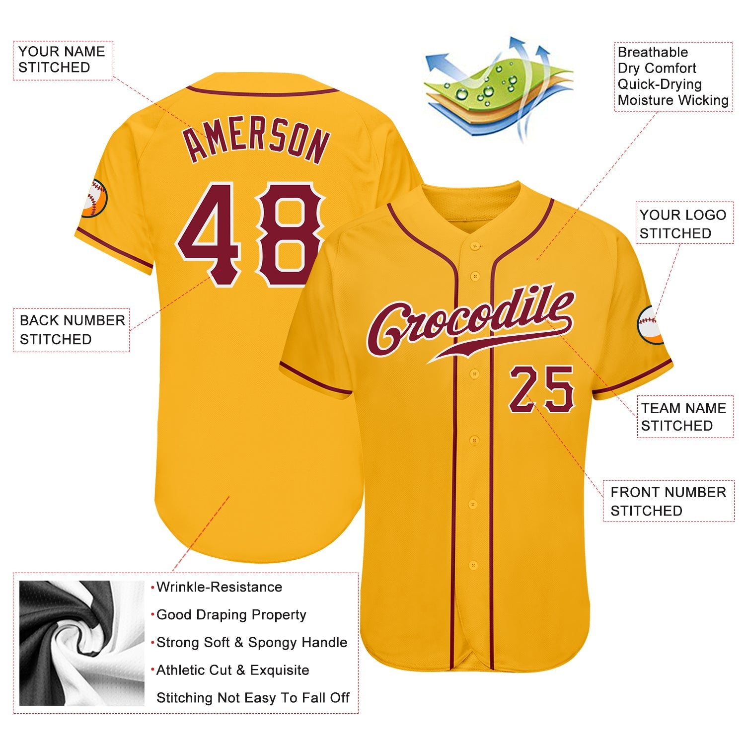 Custom Gold Crimson-White Authentic Baseball Jersey view 3