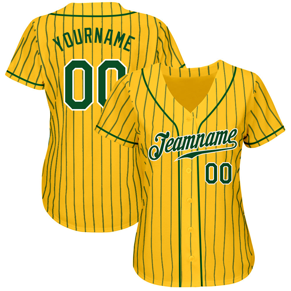 Custom Yellow Green Pinstripe Green-White Authentic Baseball Jersey view 2